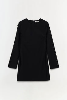 Black long-sleeve dress with square button detailing down the sleeves and crew neckline.