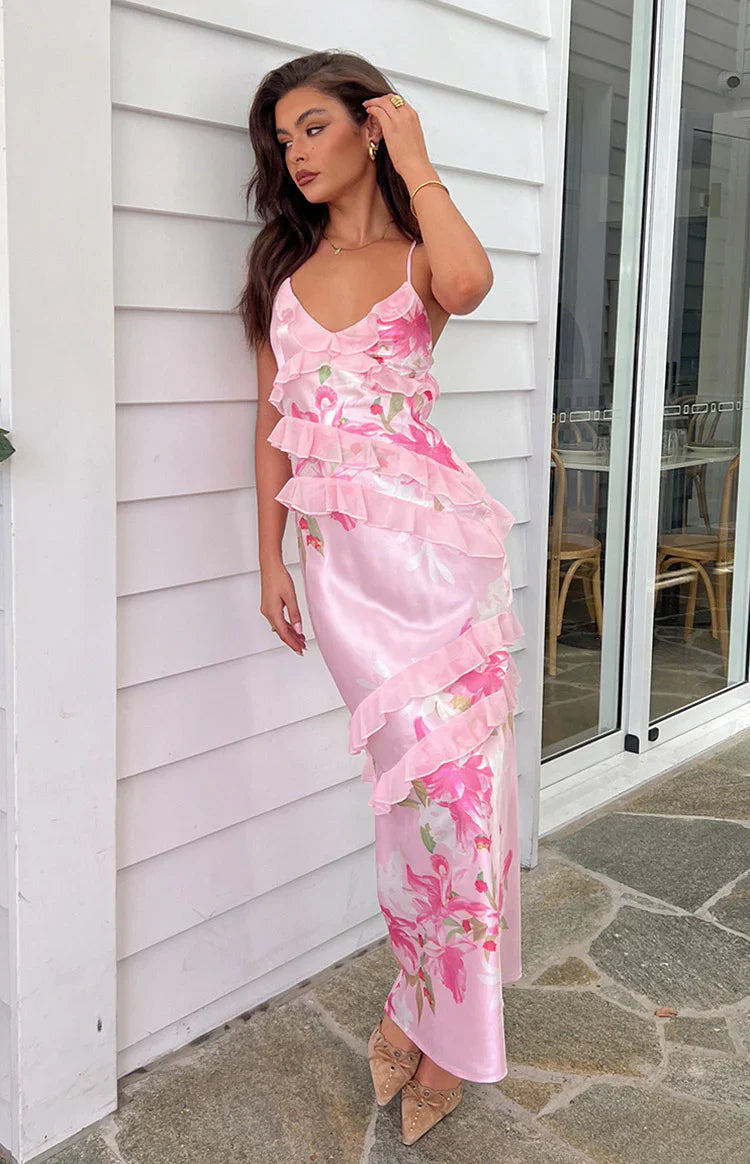 Inara Floral Print Ruffle Prom Dress | Pink