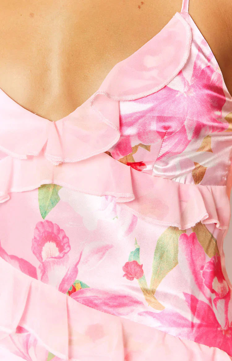 Inara Floral Print Ruffle Prom Dress | Pink
