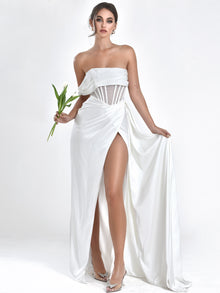 Rebeca Satin High Slit Corset Gown | White