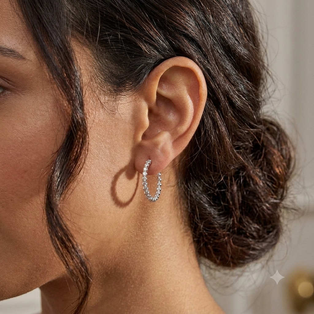 Womens | Inside Diamond Hoop Earrings | 14K White Gold | 4 CTW Round Cut Lab Grown Diamond | G-H-SI