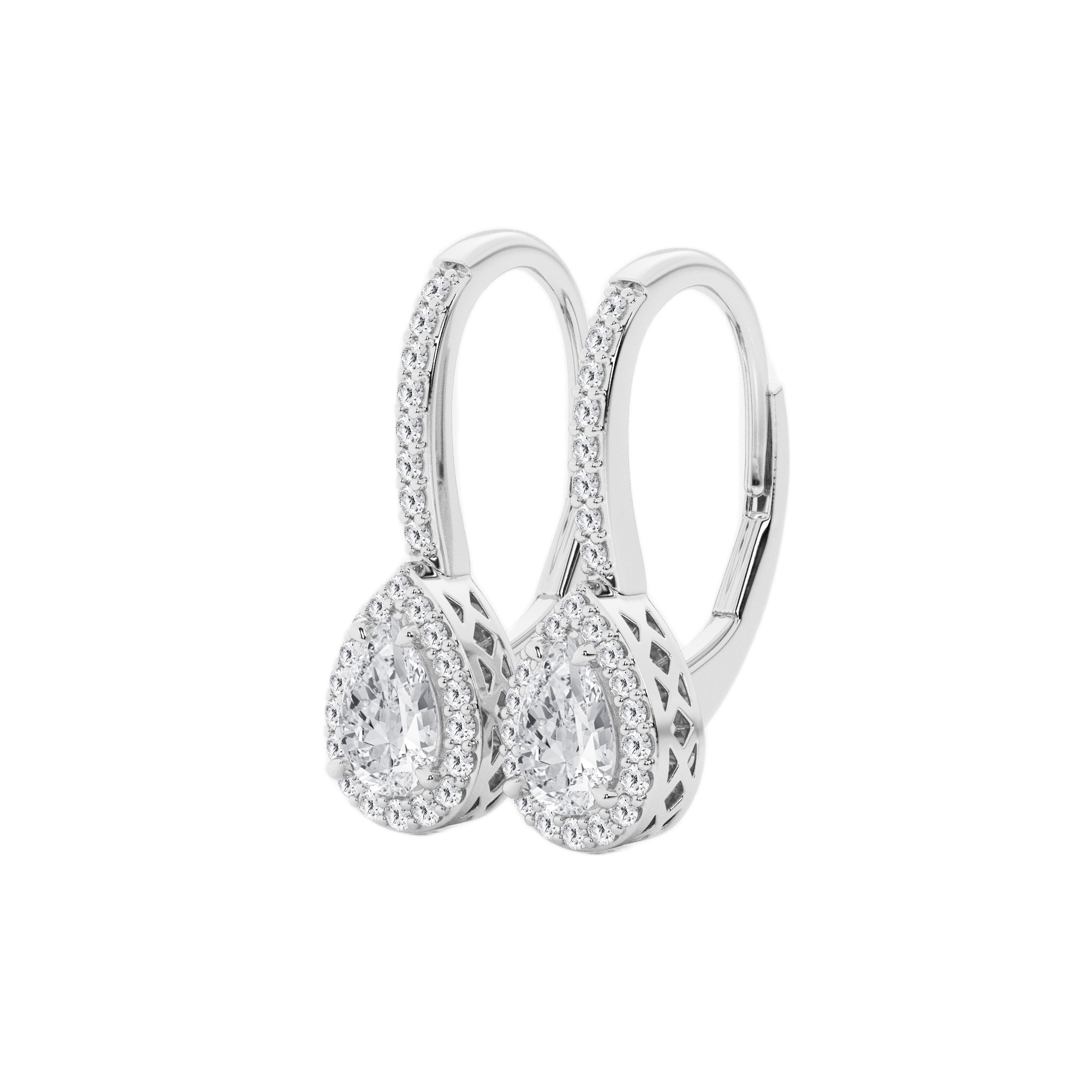 Womens | Halo Leverback Hoop Earrings | 14K White Gold | 1 CTW Pear Cut Lab Grown Diamond | F-VS2