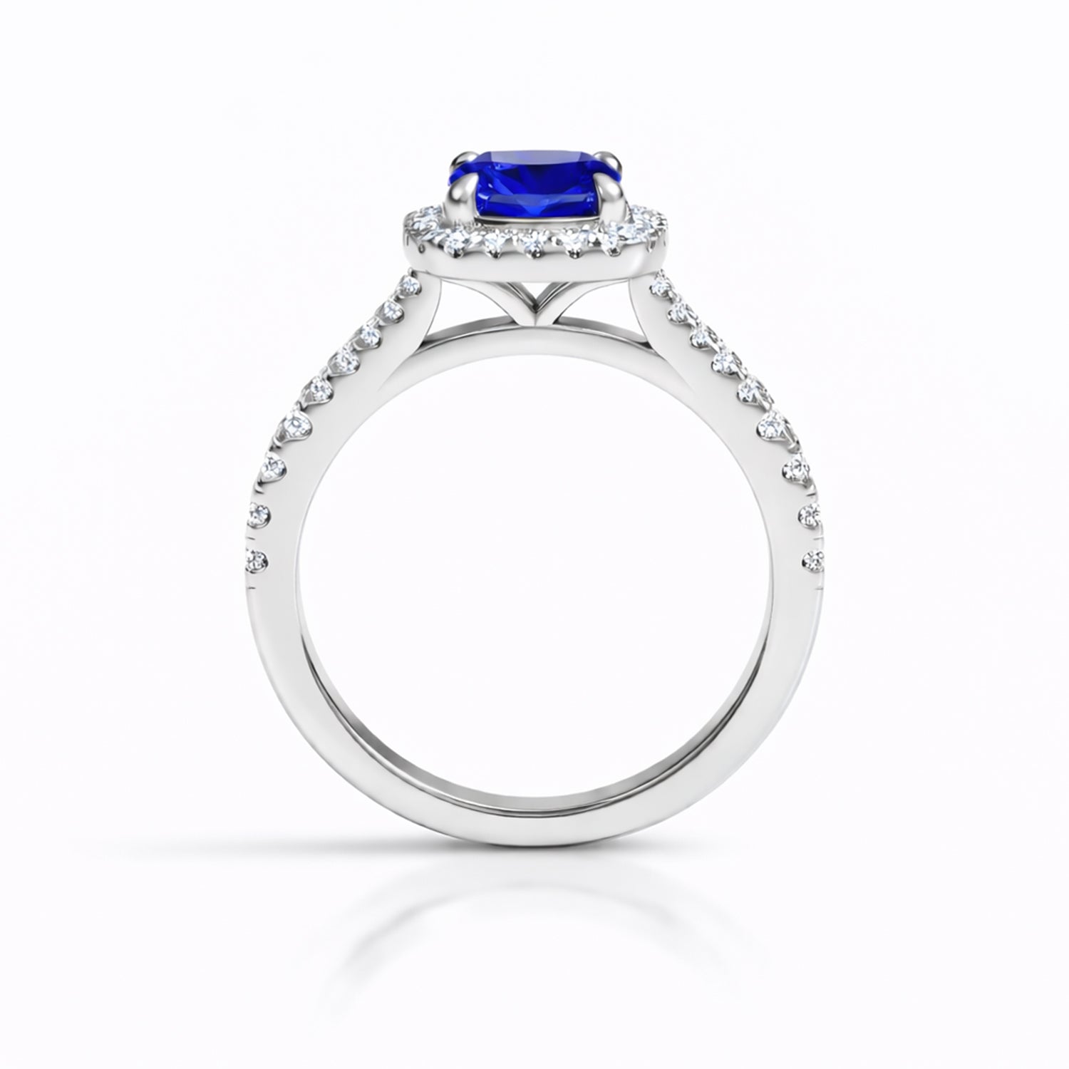 Womens | Halo Split Shant Engagement Ring | 14K White Gold | 2.50 CTW Long Cushion Cut Lab Grown Diamond | Blue-VS1