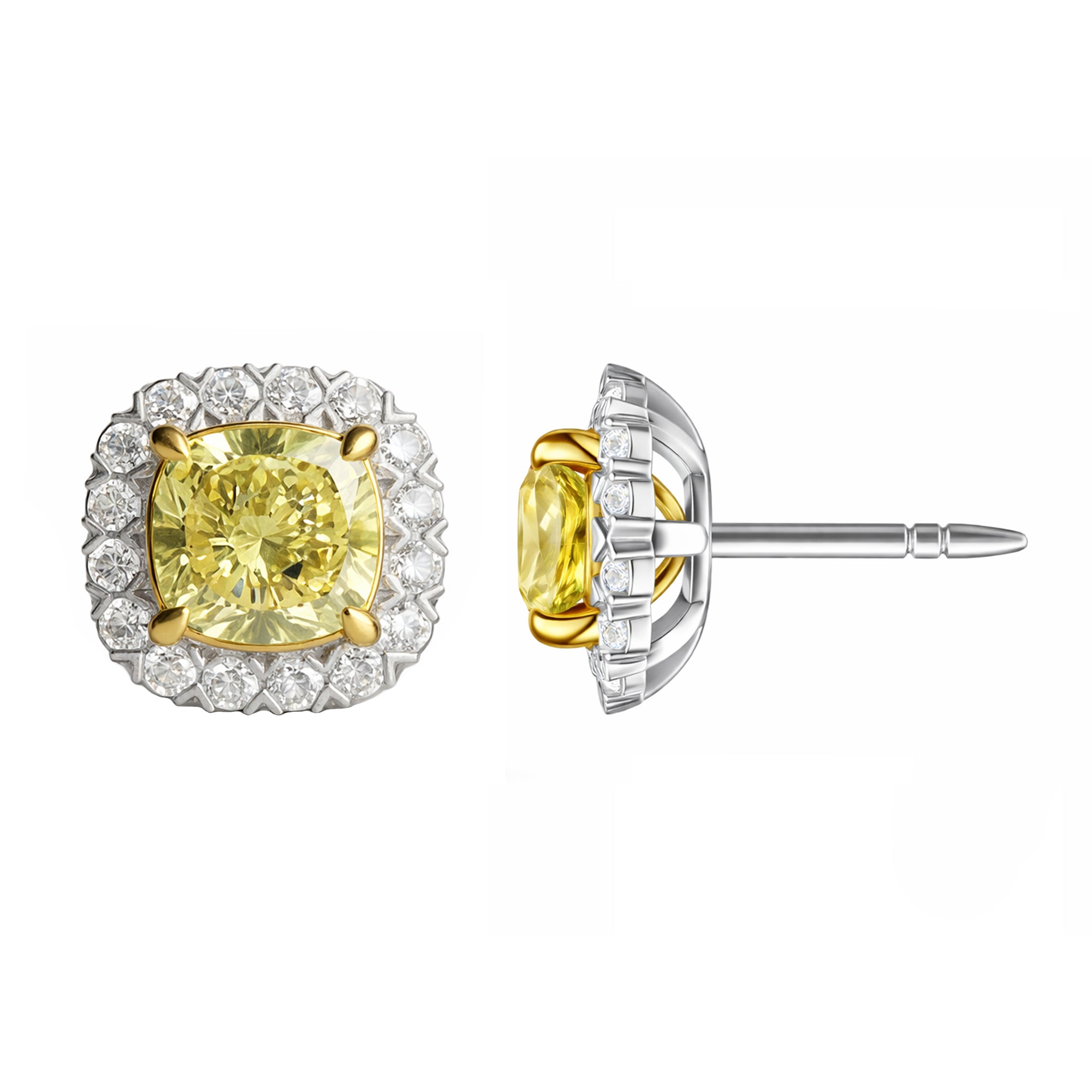 Womens | Halo Stud Earring | 14K Two Tone Gold | 2.85 CTW Cushion Cut Lab Grown Diamond | Yellow-VS1