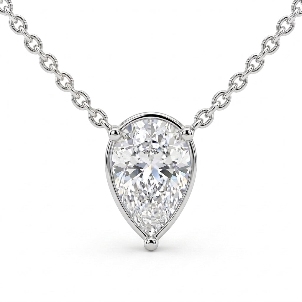 Womens | Solitaire Pendant Necklace | 14K White Gold | 0.7 CTW Pear Cut Lab Grown Diamond | F-VS