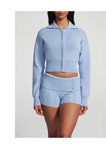 Knit Cropped Zip-Up Jacket | Sky Blue