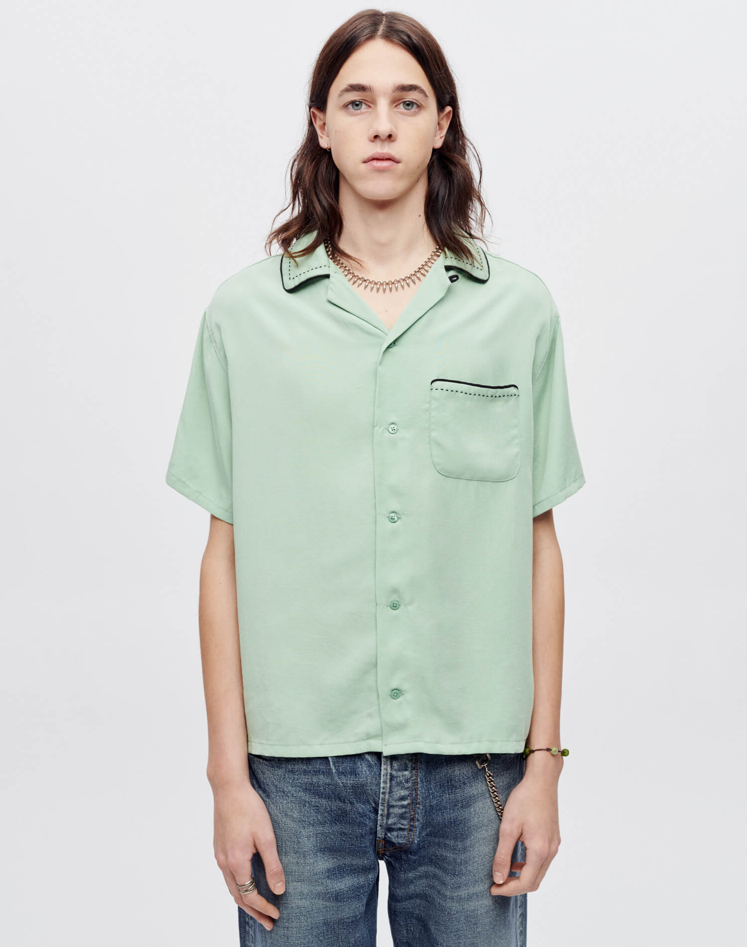 Mens | Sashiko Bowling Shirt | Pale Green