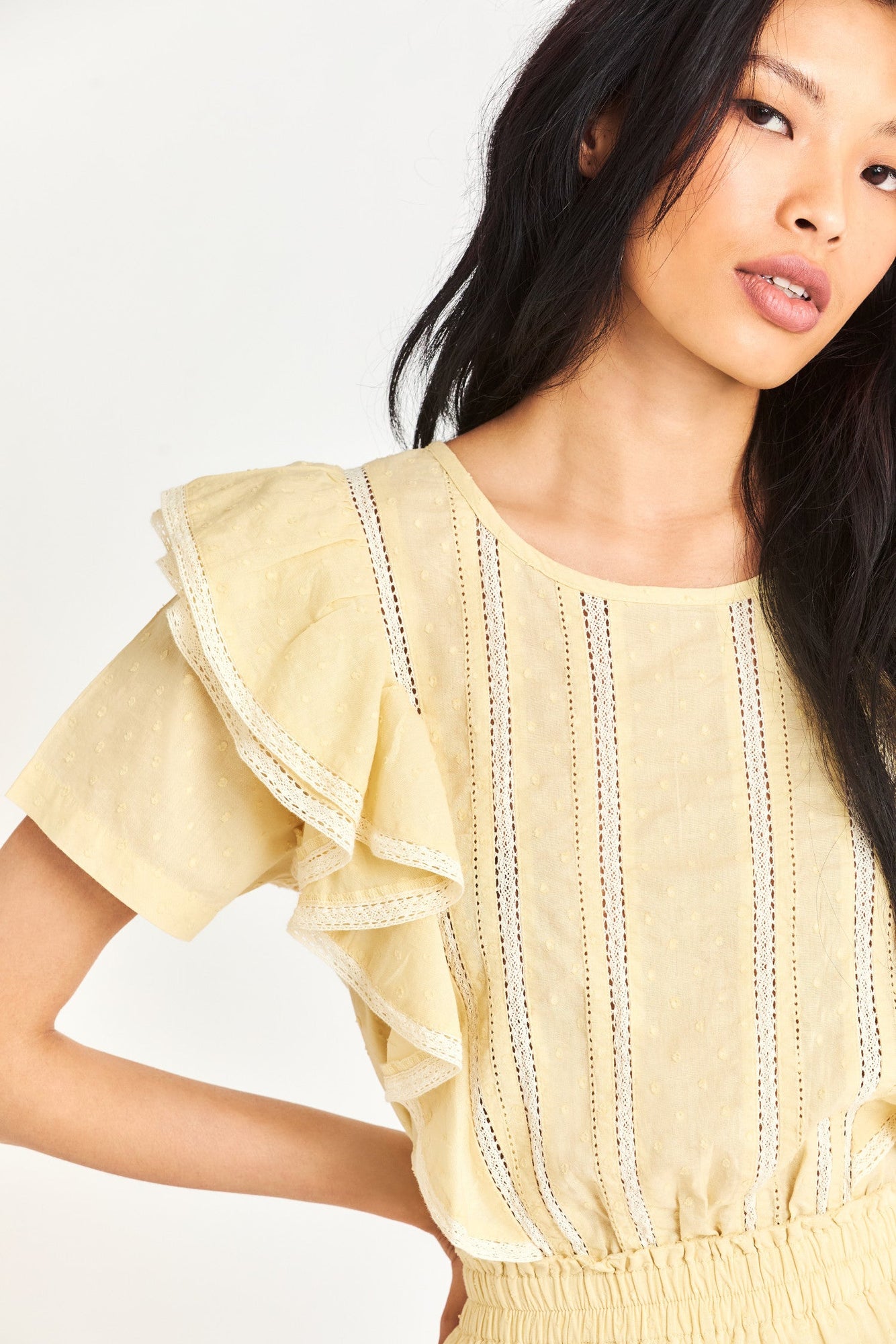 Close up image detailing shoulder of yellow Natasha Dress