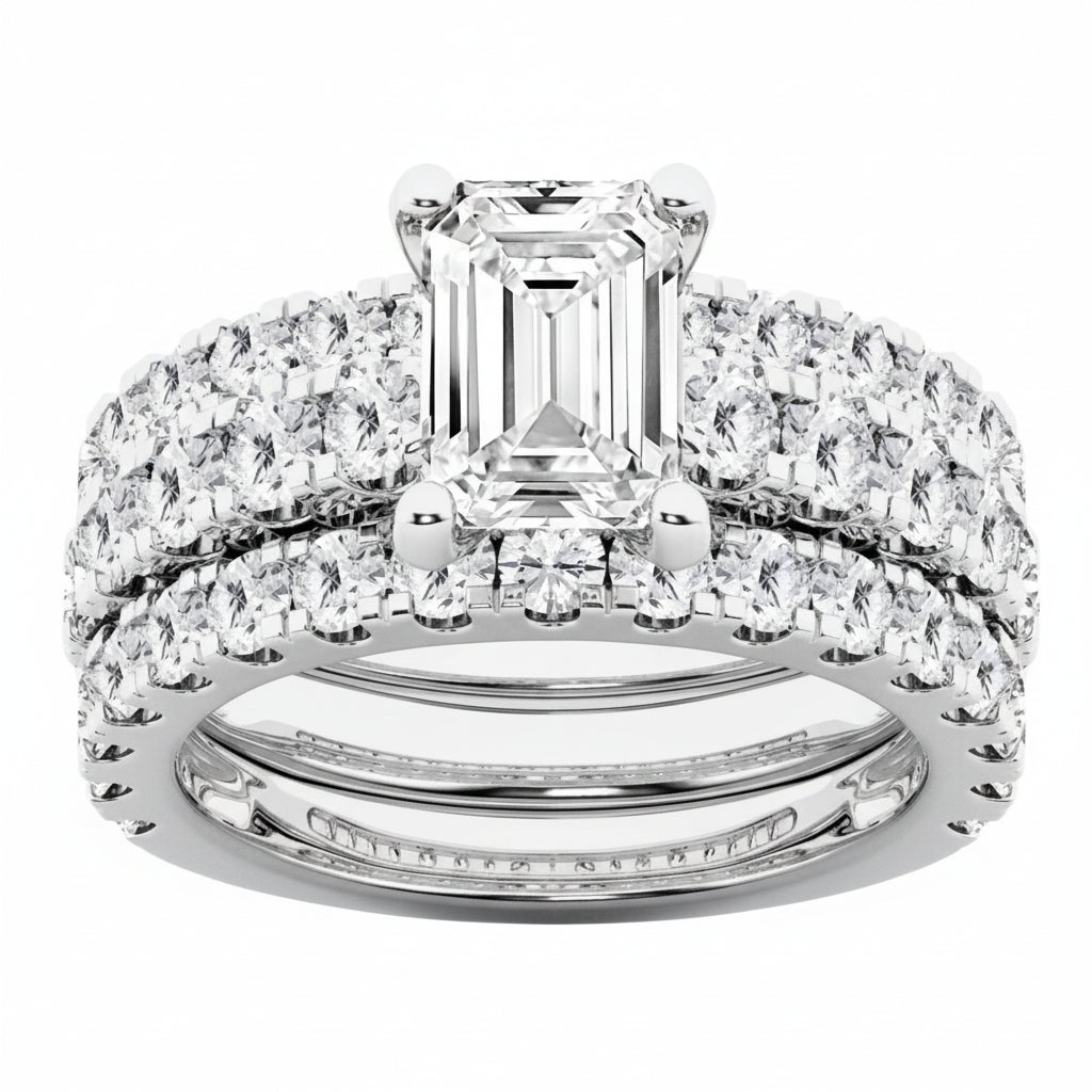 5.00 CT Emerald/Round Lab-Grown Diamond | Bridal Set Ring | 14K White Gold | F Color | VS Clarity