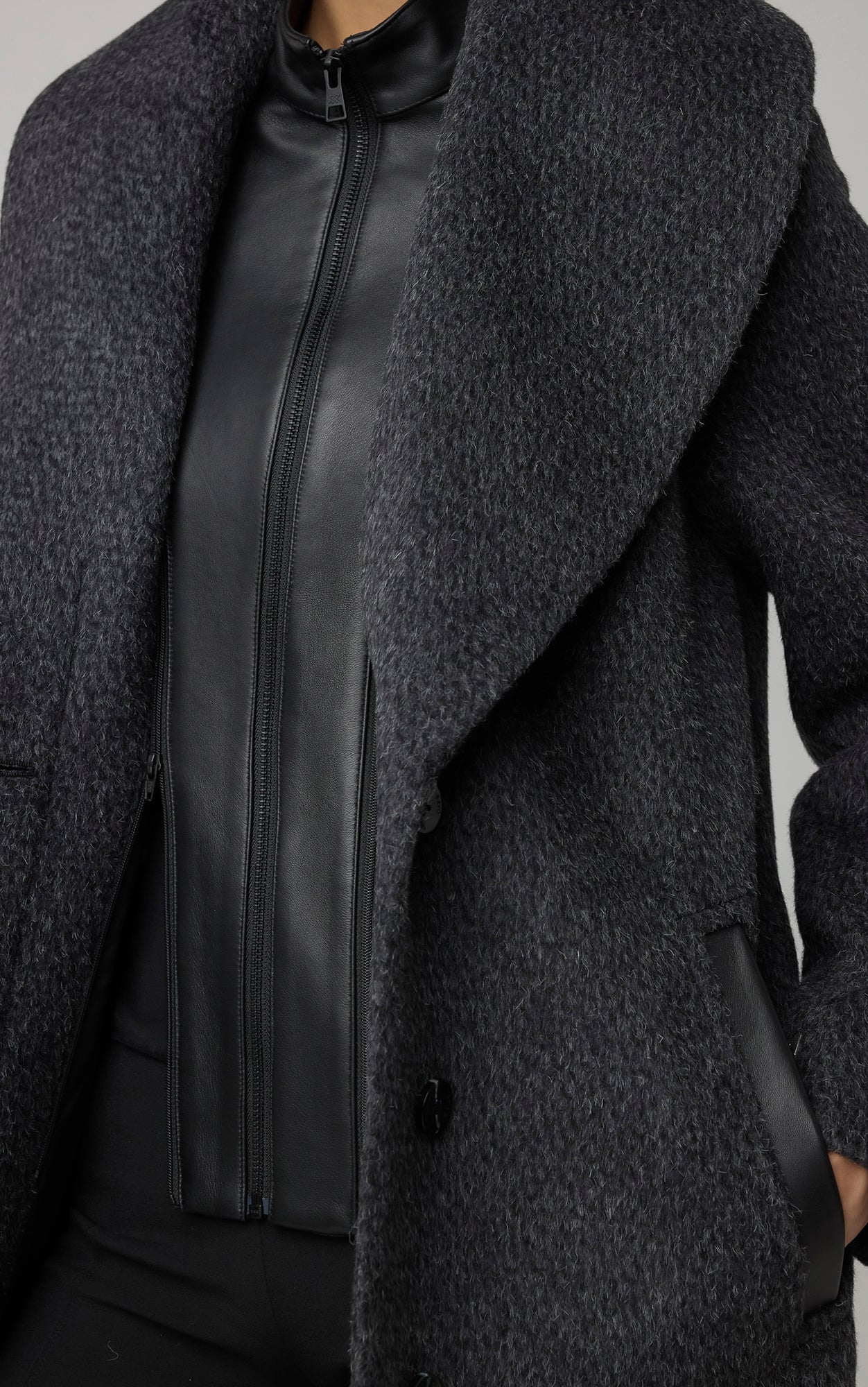 Lolli Straight-Fit Novelty Wool Coat With Leather Bib | Black