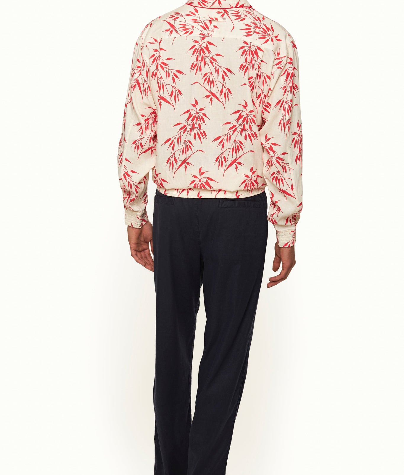 Lakewood Easy Fit Classic Collar Long-Sleeve Bamboo Print Linen Overhead Shirt | White Sand/Summer Red