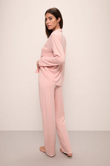 Model wears Frida TENCEL Modal Long PJ Set in Silver Pink/Ivory.