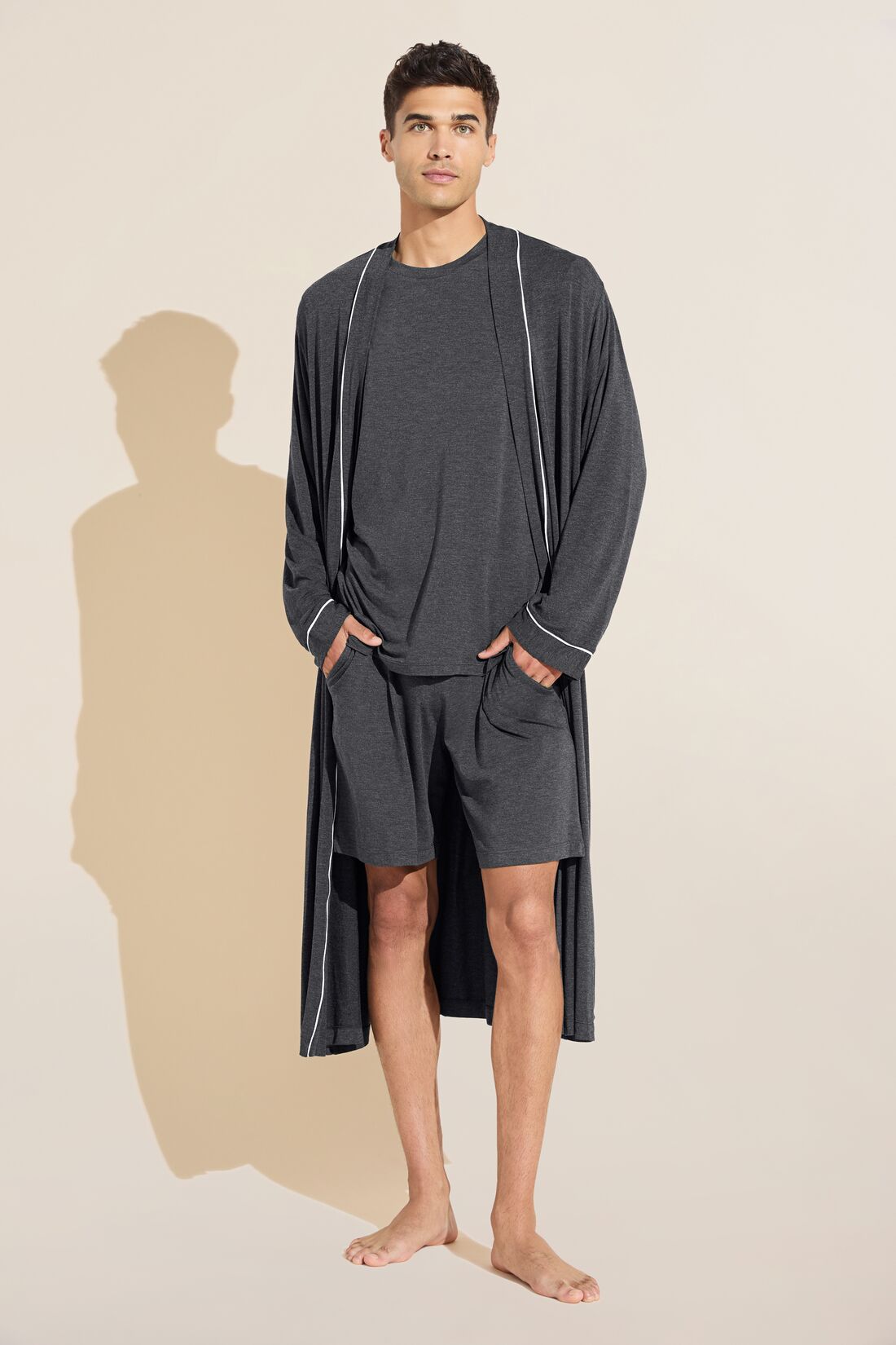 Model wears William TENCEL Modal Robe in Charcoal Heather/Ivory.