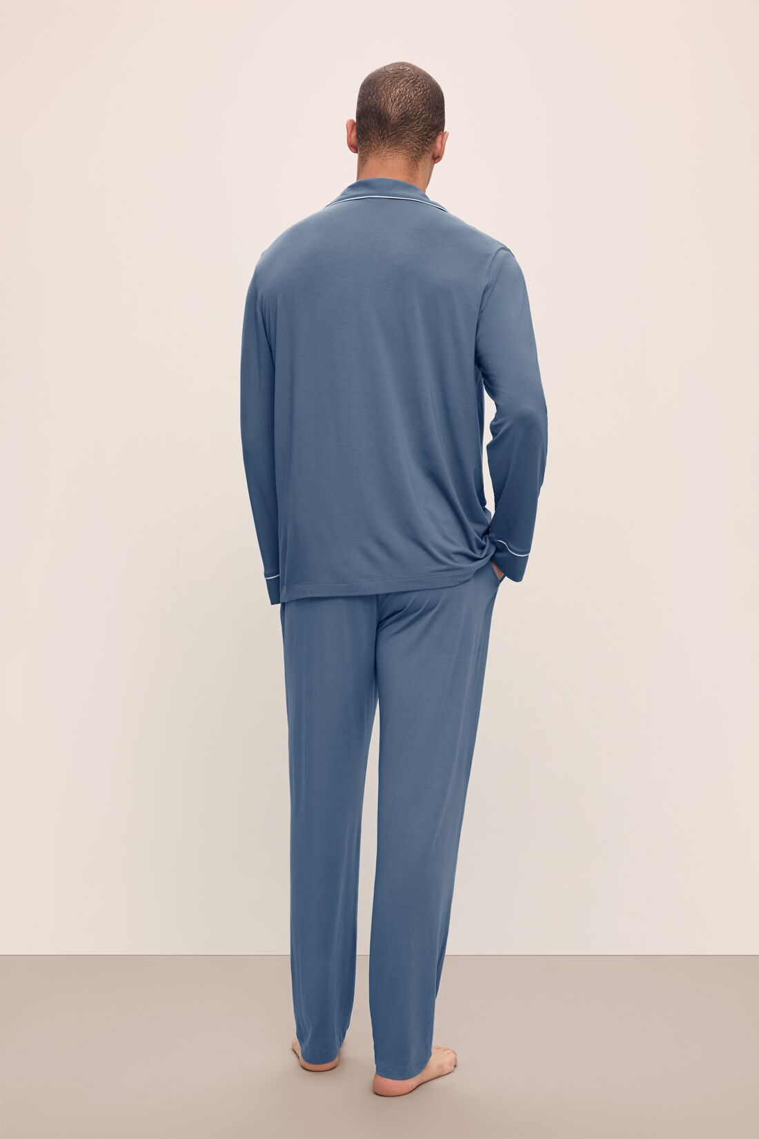 Model wears William TENCEL Modal Long PJ Set in Coastal Blue/Ice Blue.