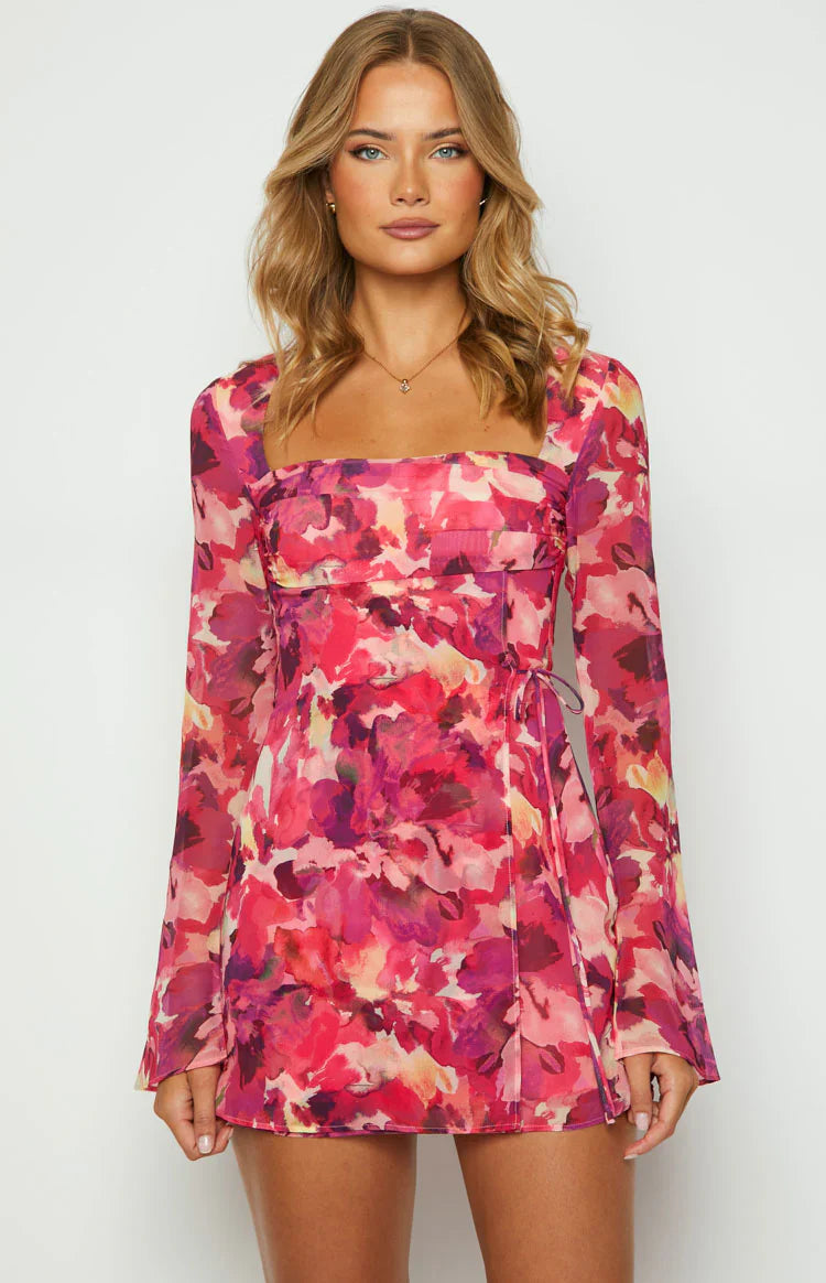Lucy Print Long Sleeve Mini Dress | Pink