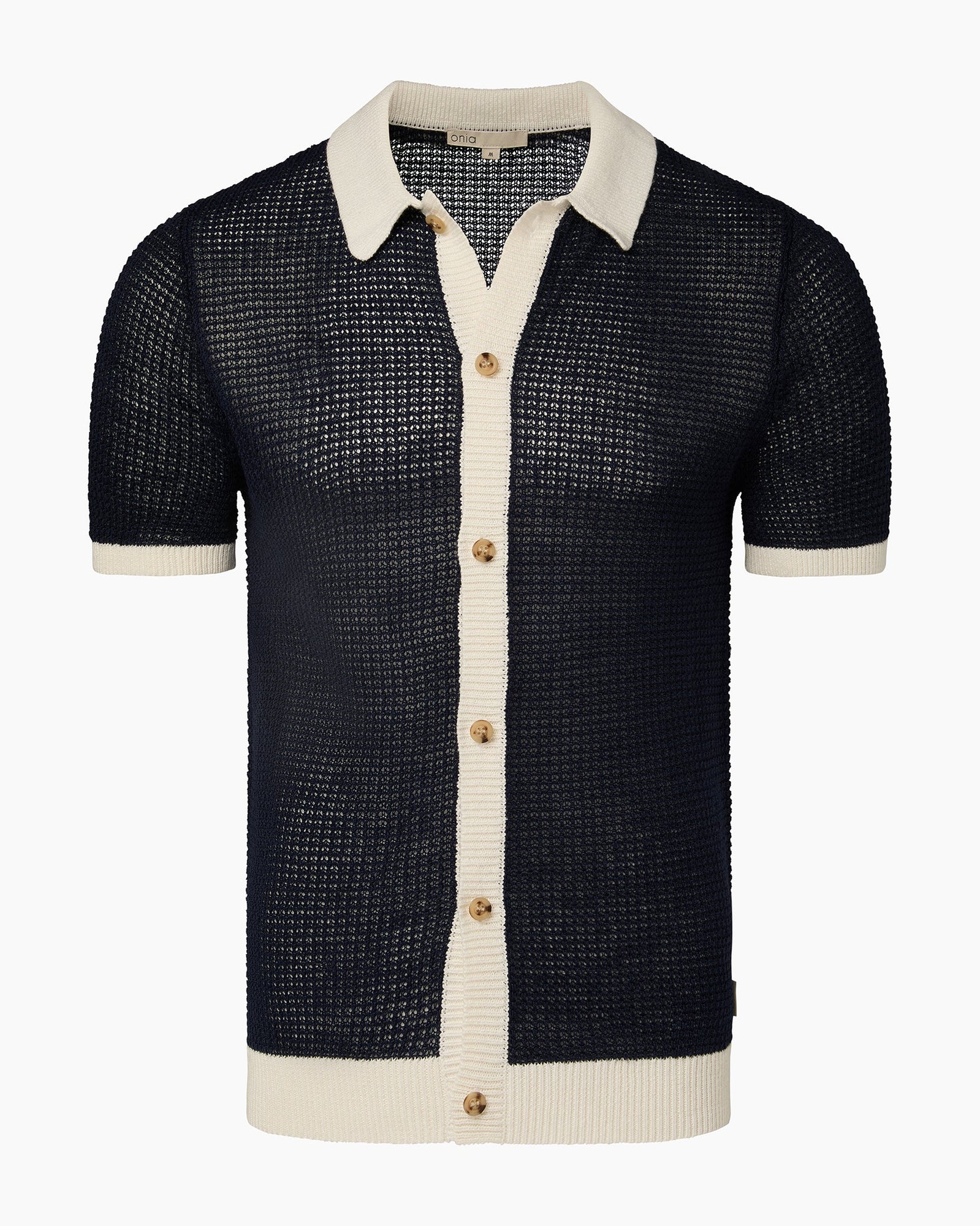 Mens | Linen Short Sleeve Button Up Sweater | Deep Navy/White