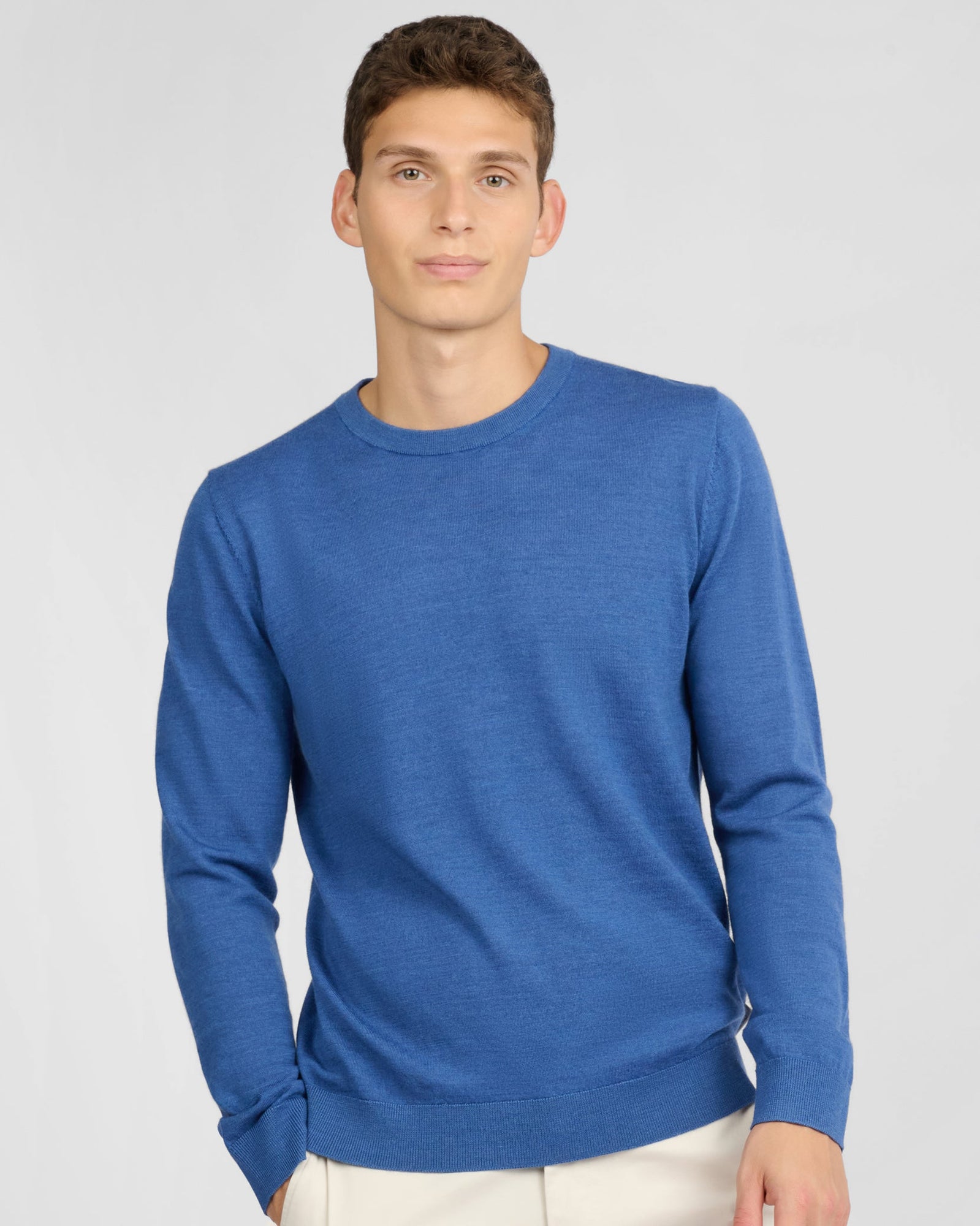 Mens | Extra Fine Merino Wool Crewneck Sweater | Cobalt Blue Melange