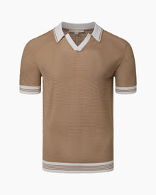 Mens | Mesh Knit Johnny Collar Polo | Tan/White