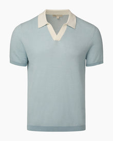 Mens | Cotton Textured Johnny Collar Polo | Pale Blue/White