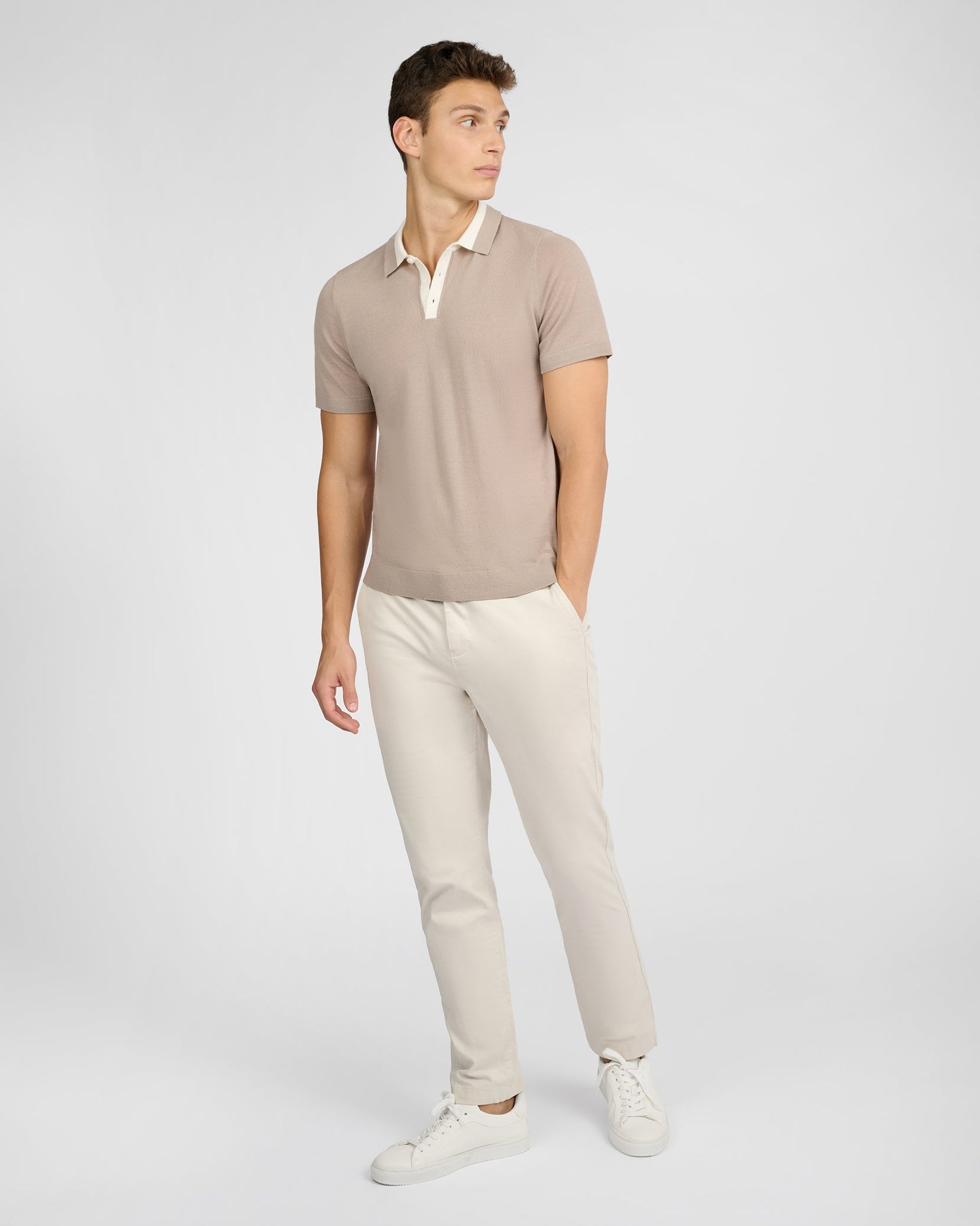 Mens | Extra Fine Merino Wool Polo | Oxford Tan/White