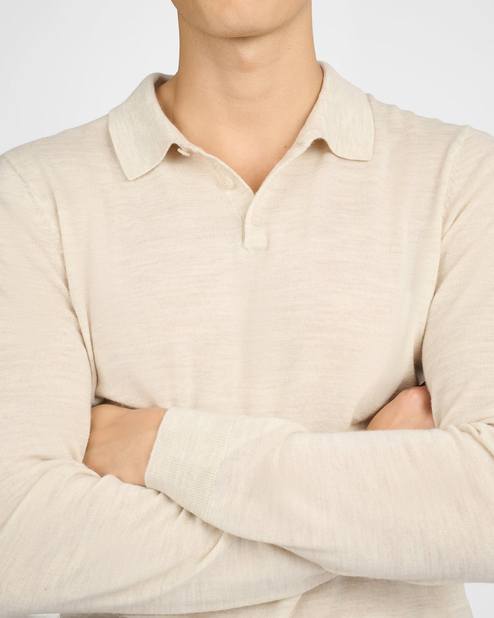 Mens | Extra Fine Merino Wool Long Sleeve Polo | Stone Melange