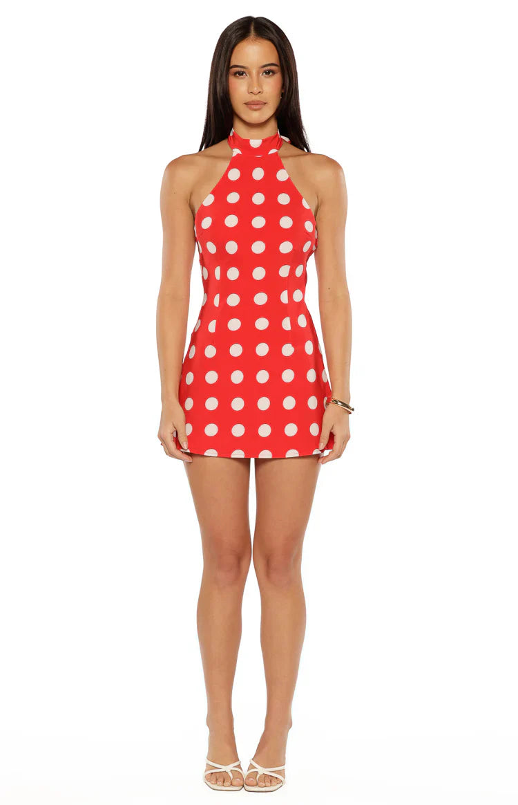 Maia Spot Halter Neck Mini Dress | Red