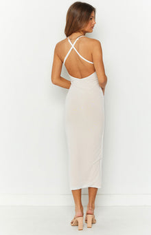Rear view of a white mesh midi dress with criss-cross spaghetti straps and a deep scoop back