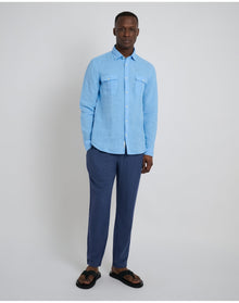 Men | Button Front Elastic Linen Pant | Vintage Indigo