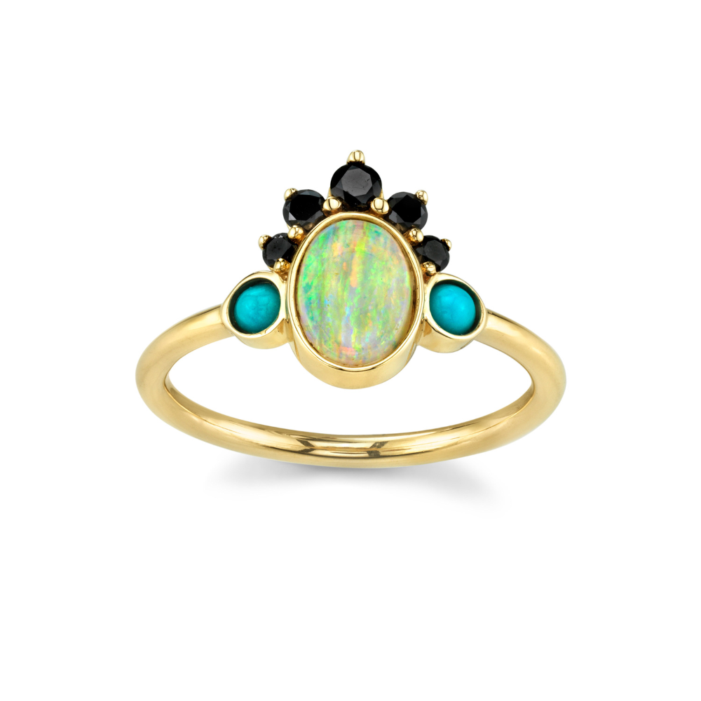 Women | Black Diamond Headdress Opal Gypset Ring | 14k Yellow Gold