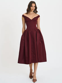 Omella Ruched Bust Sweetheart Flared Midi Dress | Burgundy