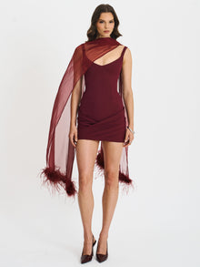 Tori Pleated Mini Dress with Chiffon Scarf | Wine Red