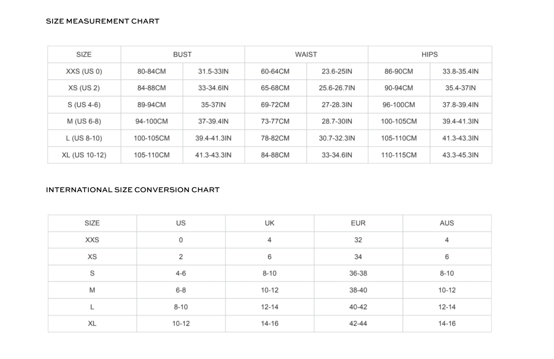 Product size guide