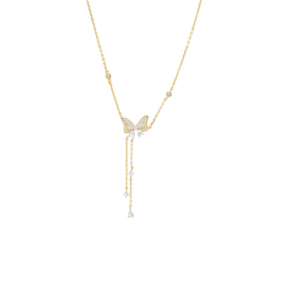 Gold Colored Pave Butterfly CZ Station Lariat Necklace - Adina's Jewels