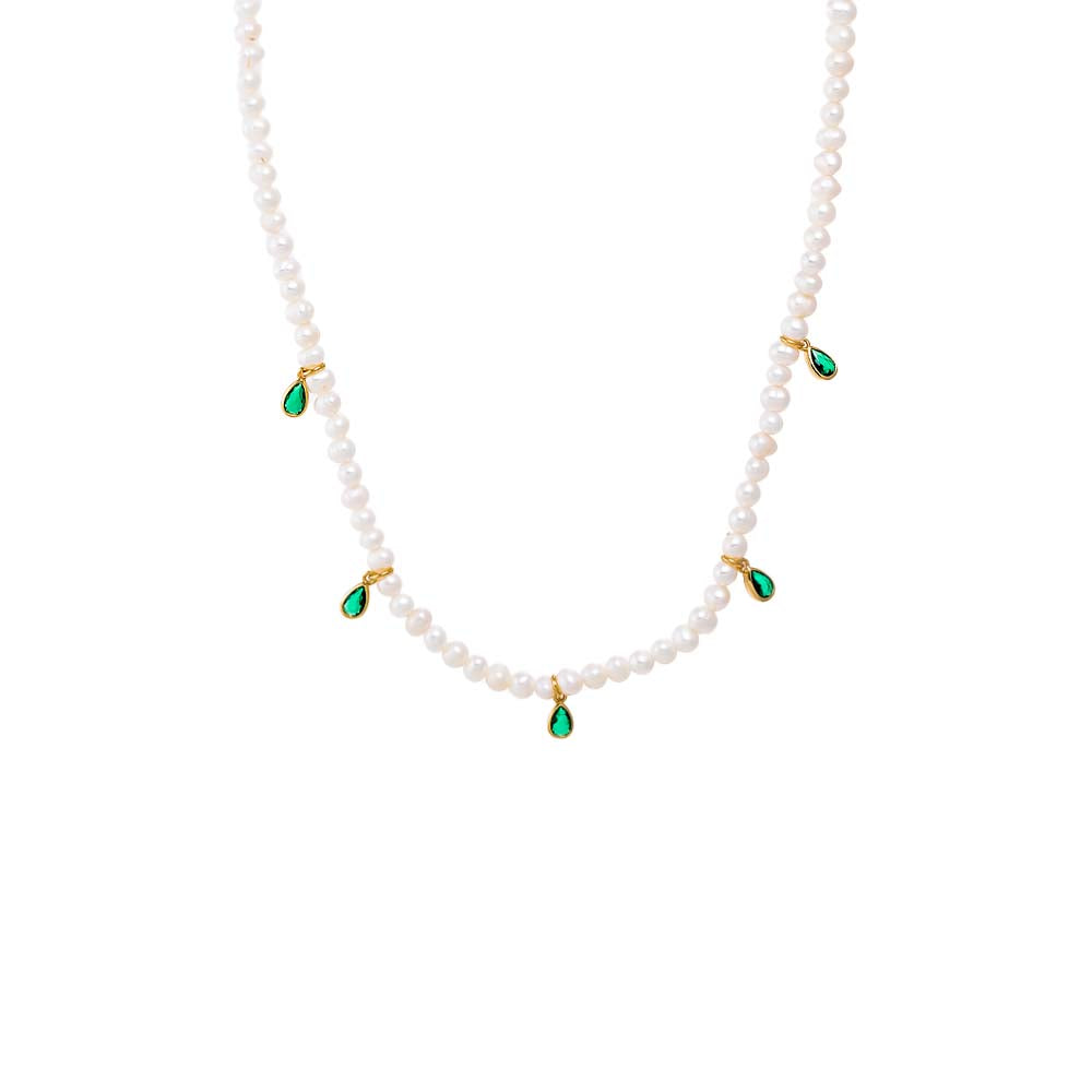 Pearl White Dangling Colored CZ Bezels Pearl Necklace - Adina's Jewels