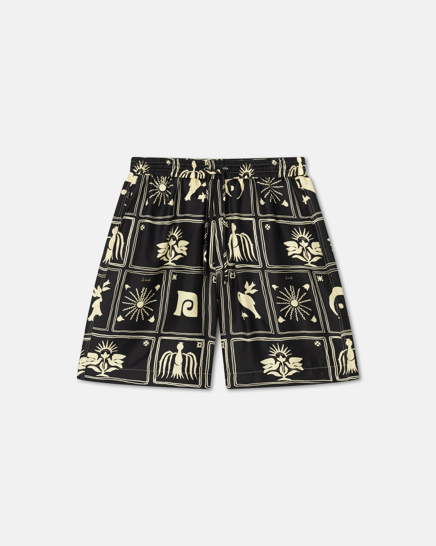 Mens | Doxxi Printed Silk-Twill Shorts | Folk Art Black