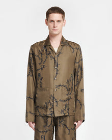 Mens | Emin Printed Silk-Twill Shirt | Calligraphy Khaki