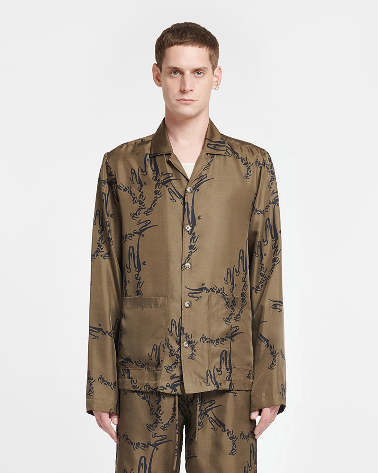 Mens | Emin Printed Silk-Twill Shirt | Calligraphy Khaki