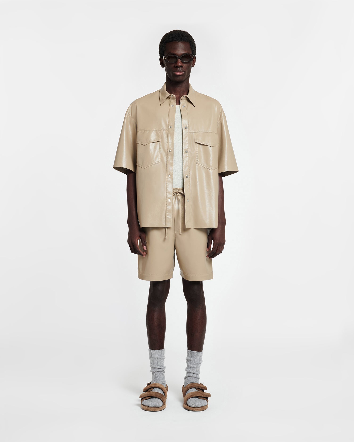 Mens | Doxxi Okobor Alt-Leather Shorts | Ashy Taupe