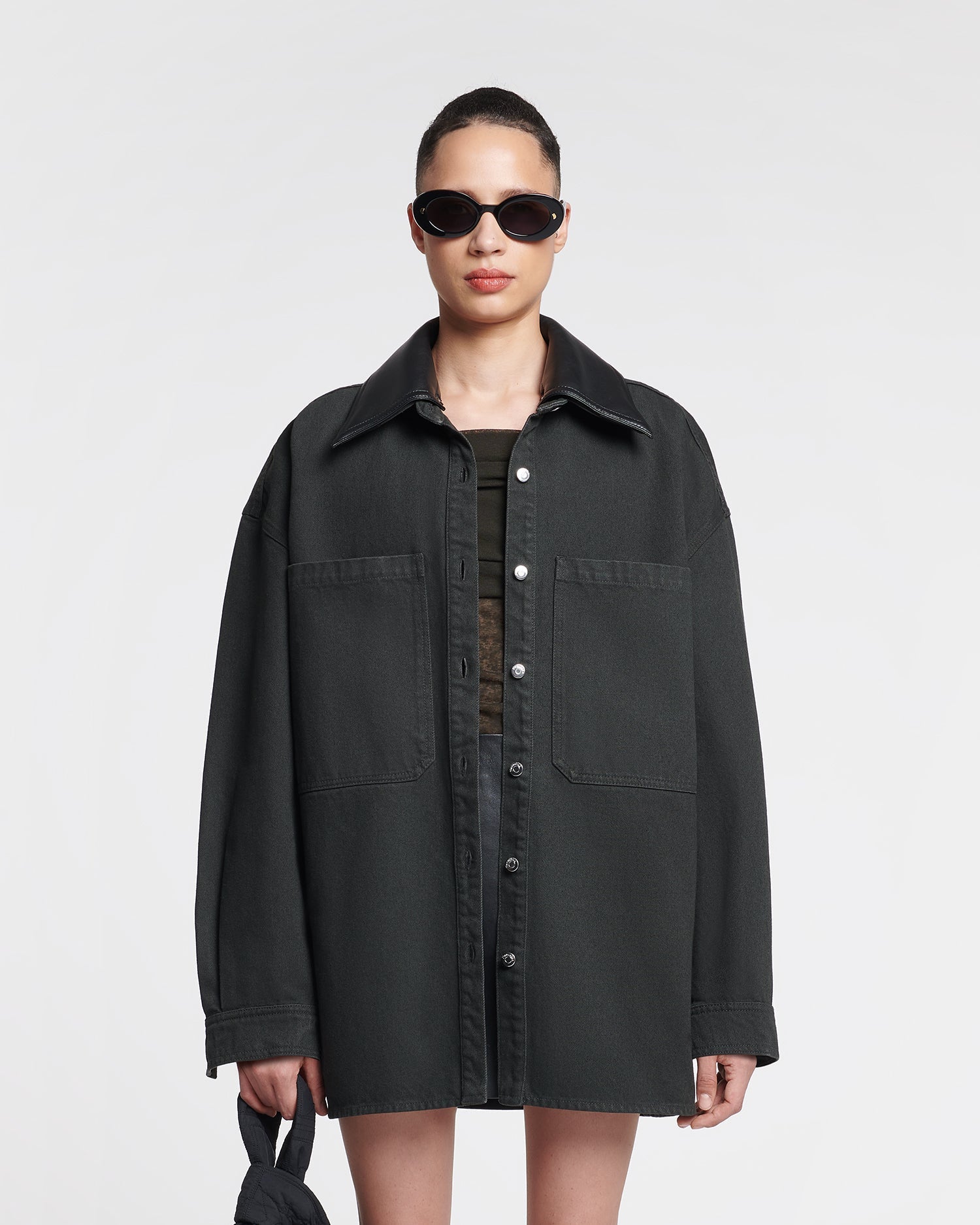 Unisex | Beaux Leather-Trimmed Denim Shirt | Anthracite