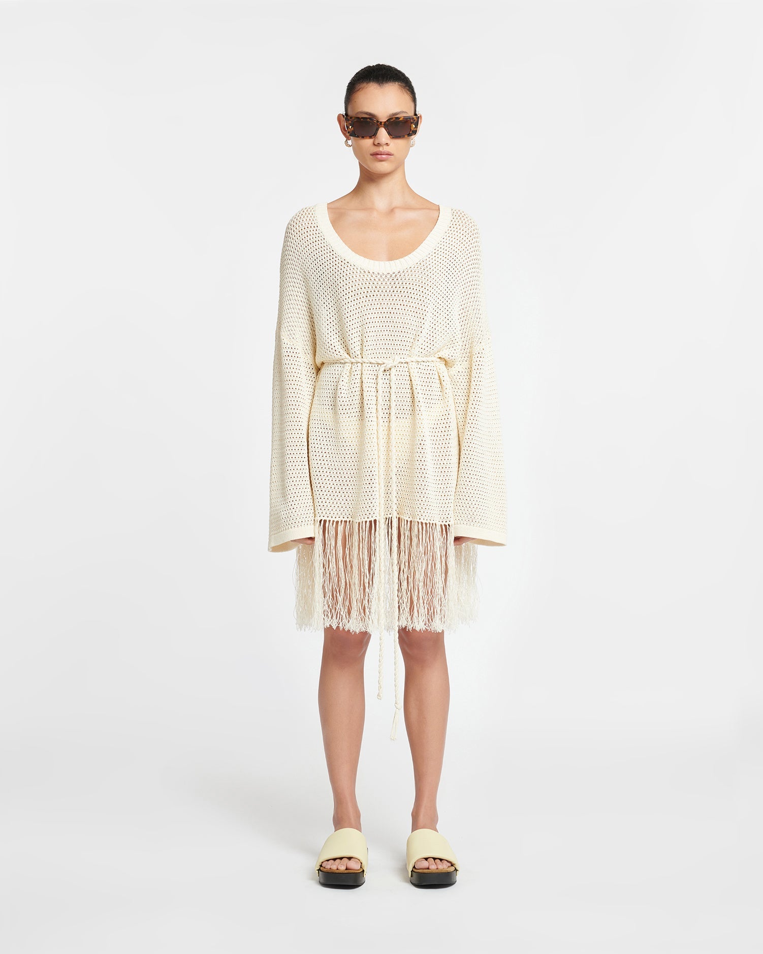 Womens | Carianne Fringed Crochet Mini Dress | Creme