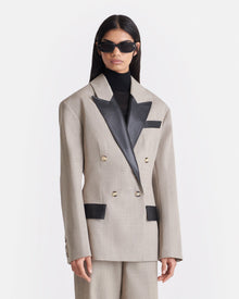 Womens | Pacey Cinched-Waist Leather And Twill-Suiting Blazer | Taupe/Black