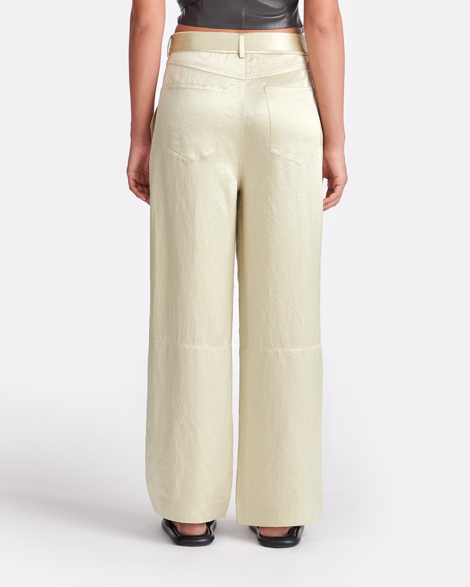 Womens | Husna Belted Crinkled-Satin Pants | Green Tea