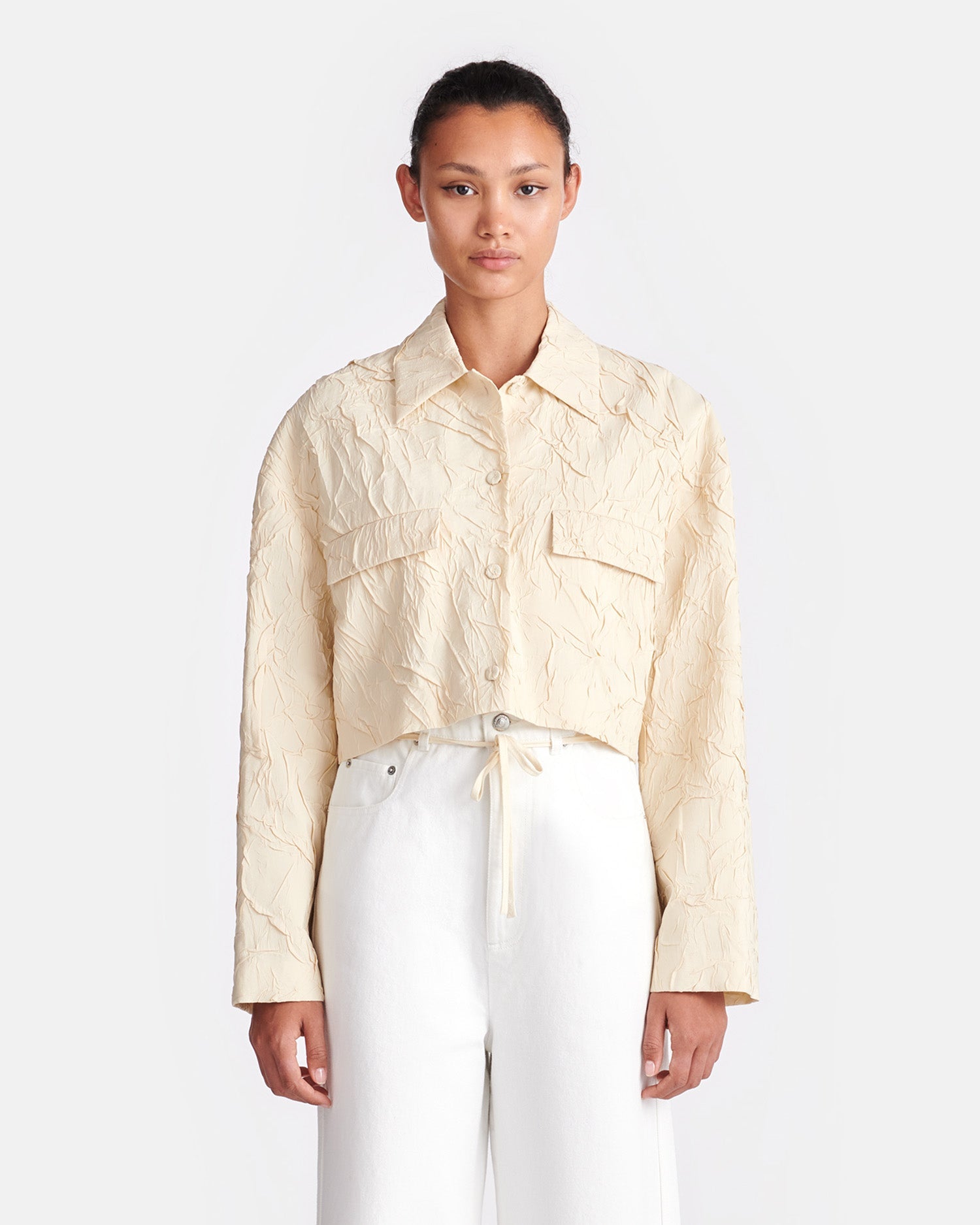 Womens | Coreen Cropped Sculpted Glass Poplin Shirt | Oat