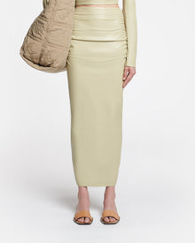 Womens | Hester Ruched Okobor Alt-Leather Midi Skirt | Pale Olive