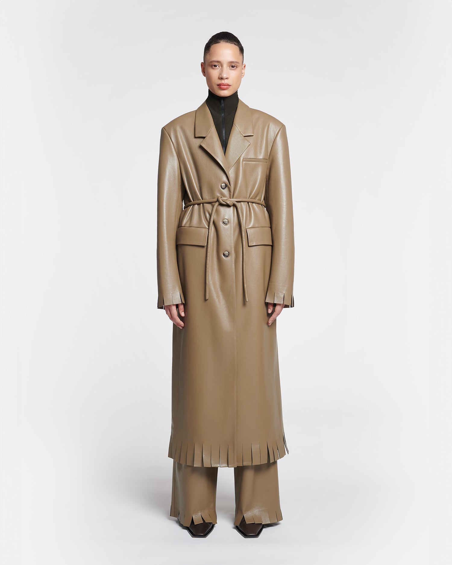 Womens | Nikoline Belted Regenerated Leather Coat | Muted Khaki