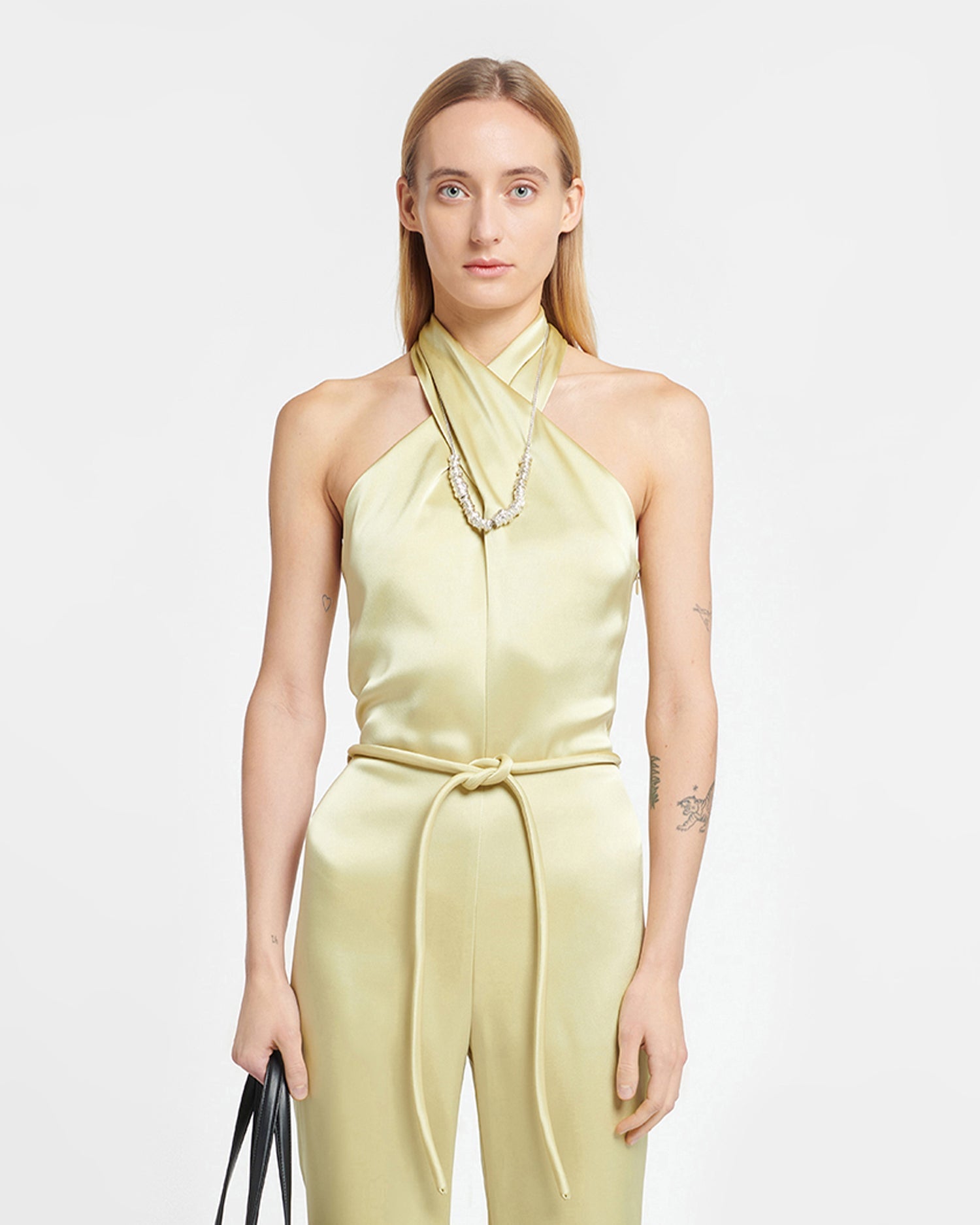 Womens | Rabia Slip Satin Jumpsuit | Lime Yellow