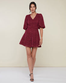 V-Neck Puff Sleeve Mini Dress | Wine Red