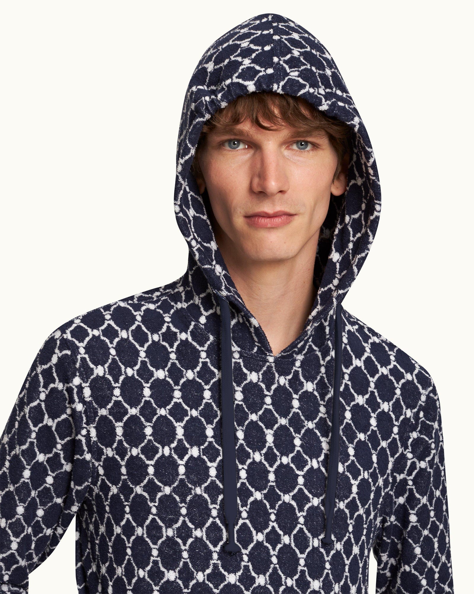 Blaine Towelling Midnight Navy Geometric Tile Hooded Towelling Sweatshirt | Midnight Navy