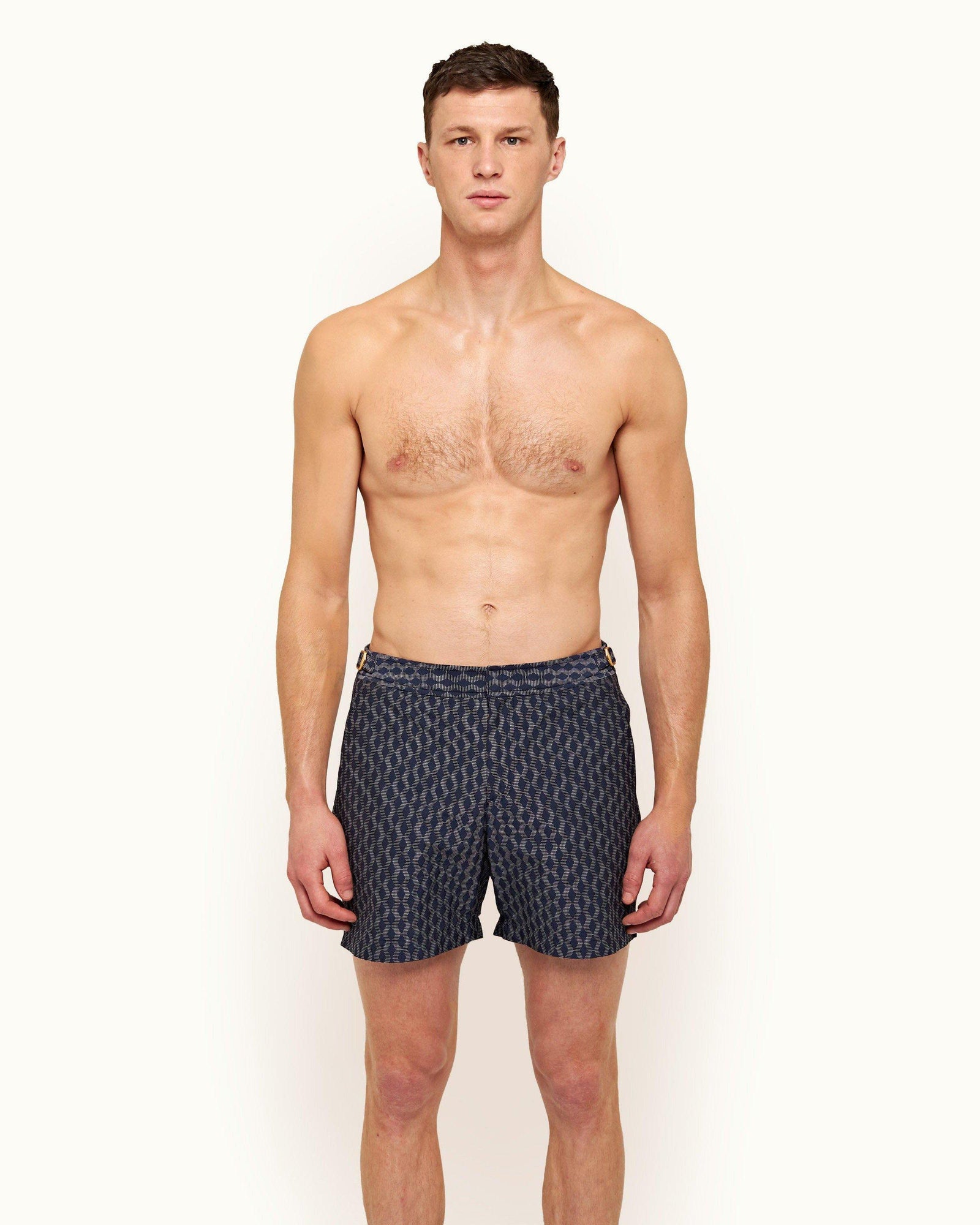Bulldog Navy/Cloud Catto Jacquard Mid-Length Swim Shorts | Navy/Cloud