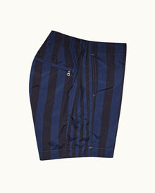 Dark Sapphire Mix Stripe Drawcord Mid-Length Swim Shorts | Dark Sapphire